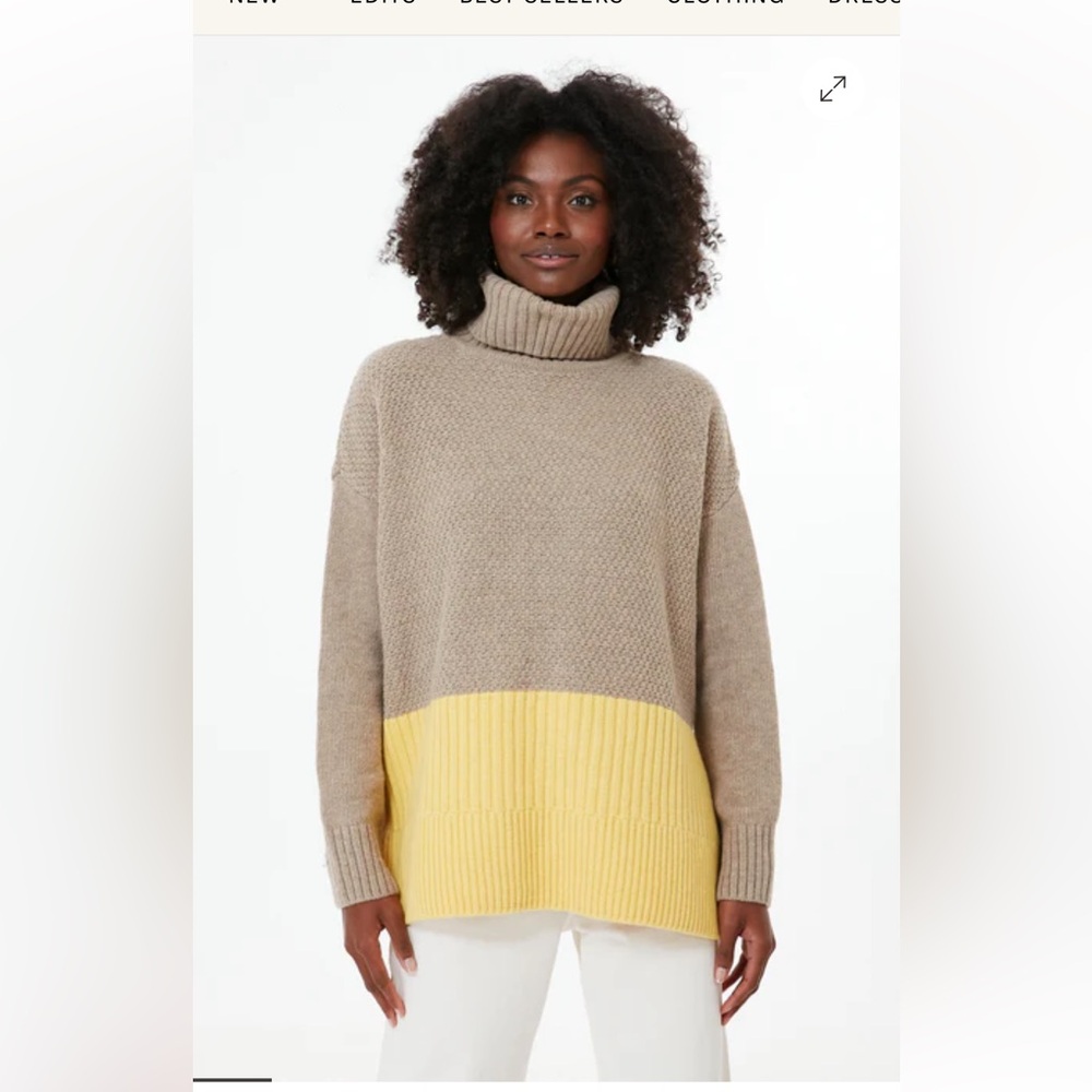 Barbour Elin Oatmeal and Yellow Colorblock Heritage Turtleneck Sweater Medium